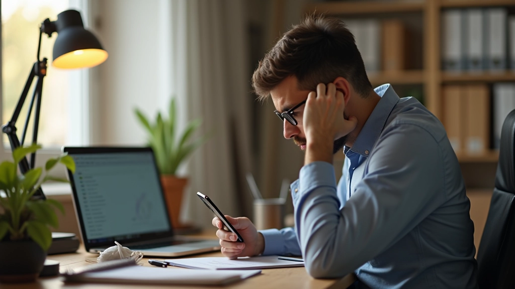 Dalgın bir kişinin çalışma masasında bilgisayar ve telefon önünde oturduğu görüntü